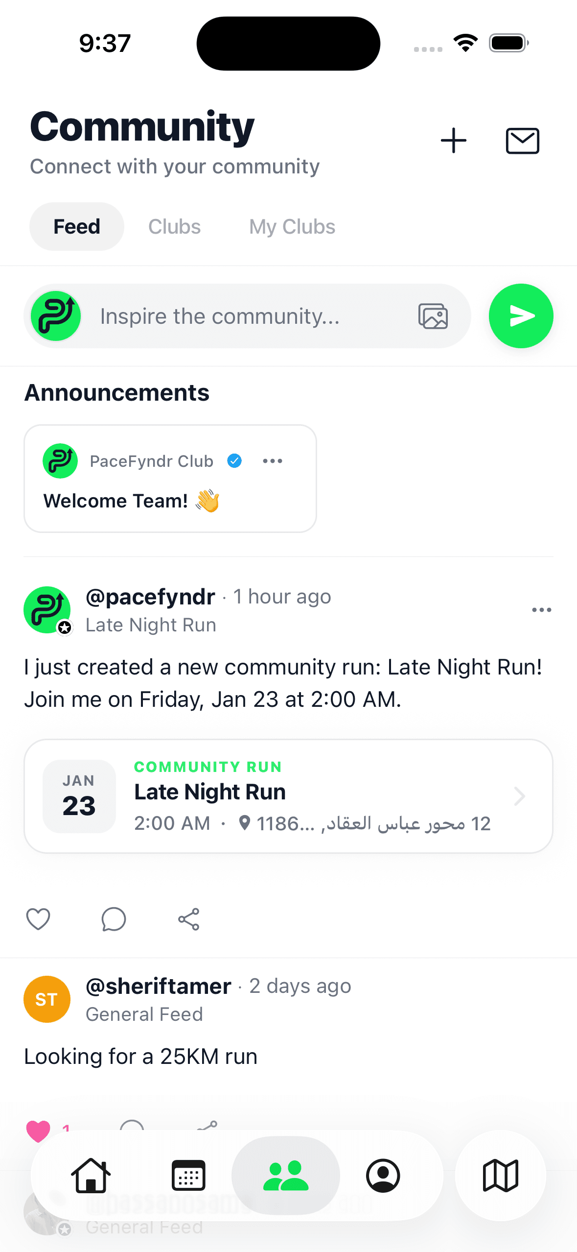 PaceFyndr community screen showing running clubs, training groups, and runner profiles