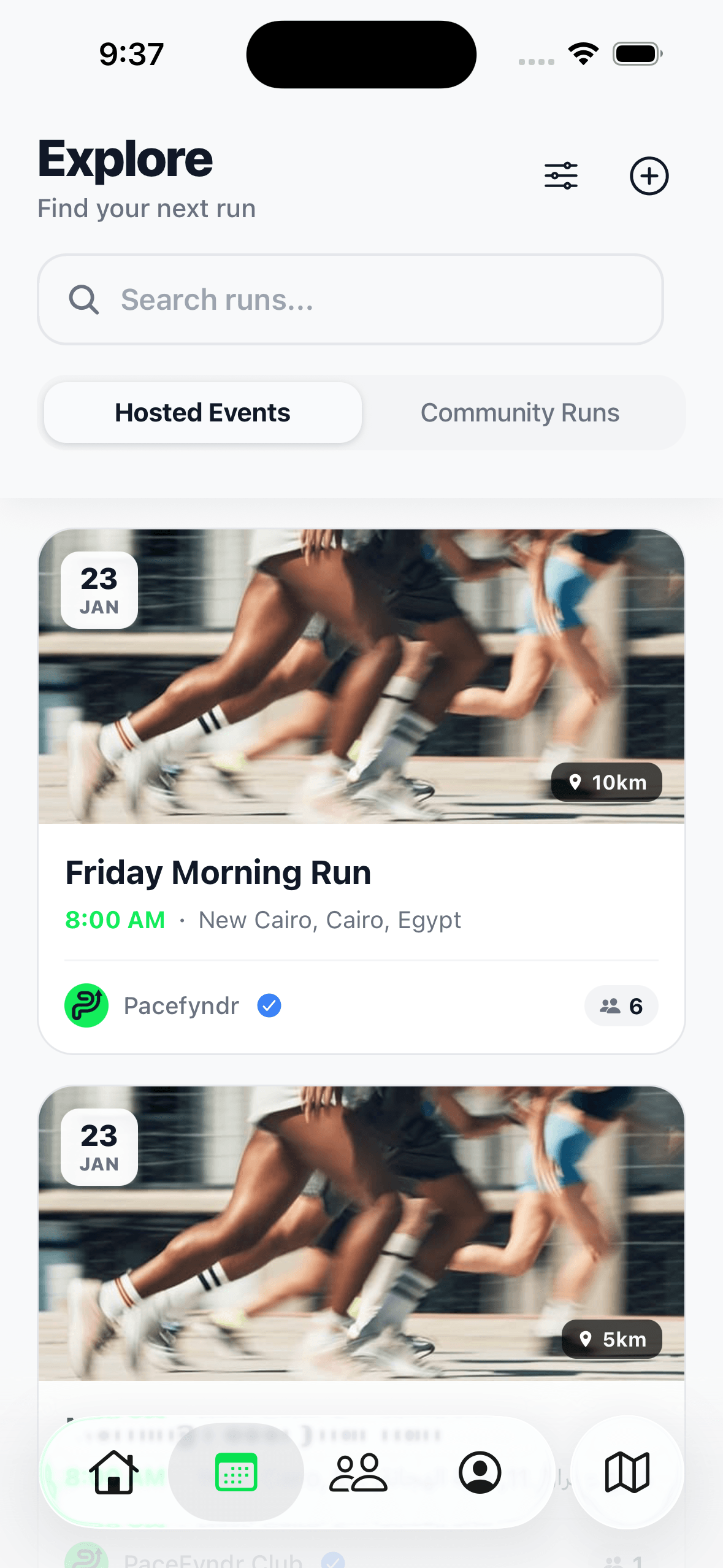 PaceFyndr events screen showing local running events, marathons, and 5K races near you